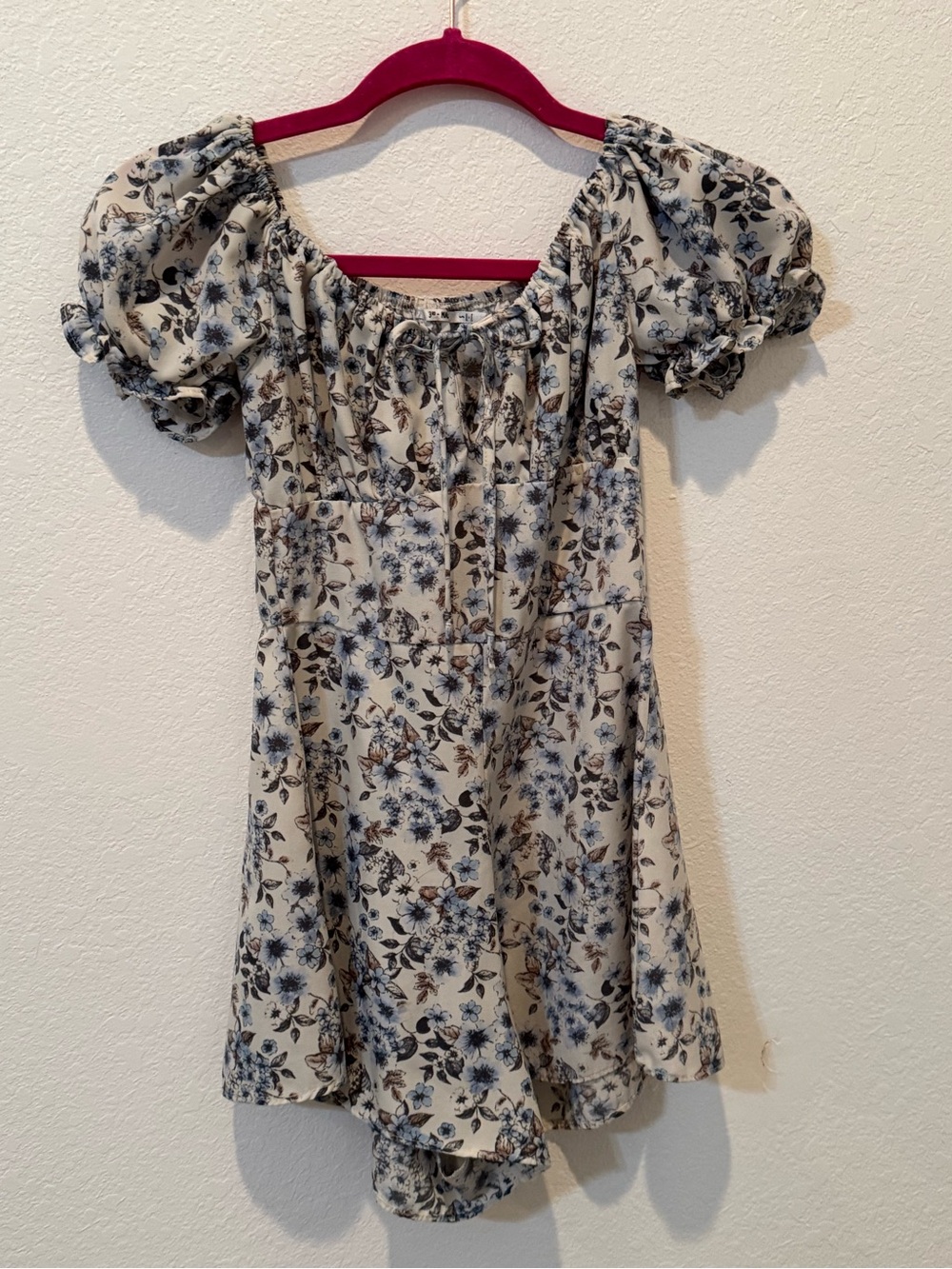 3rd + Malt | Floral Puff-Sleeve “Mini-Dress” ROMPER in Cream and Blue